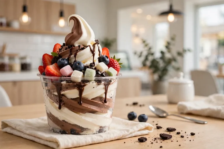 16 Handles menu prices: frozen yogurt cup with fresh fruit and cookie toppings