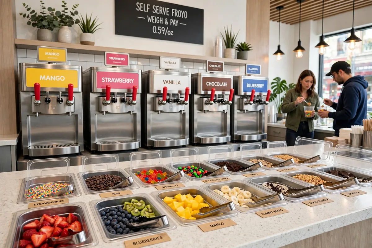 16 Handles frozen yogurt self-serve machines and toppings bar