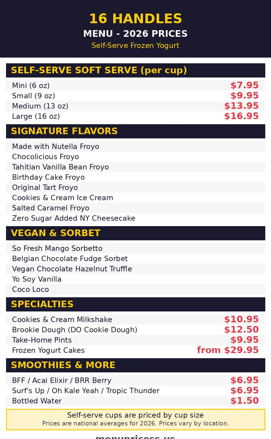 16 Handles menu prices 2026 menu card with froyo cup prices