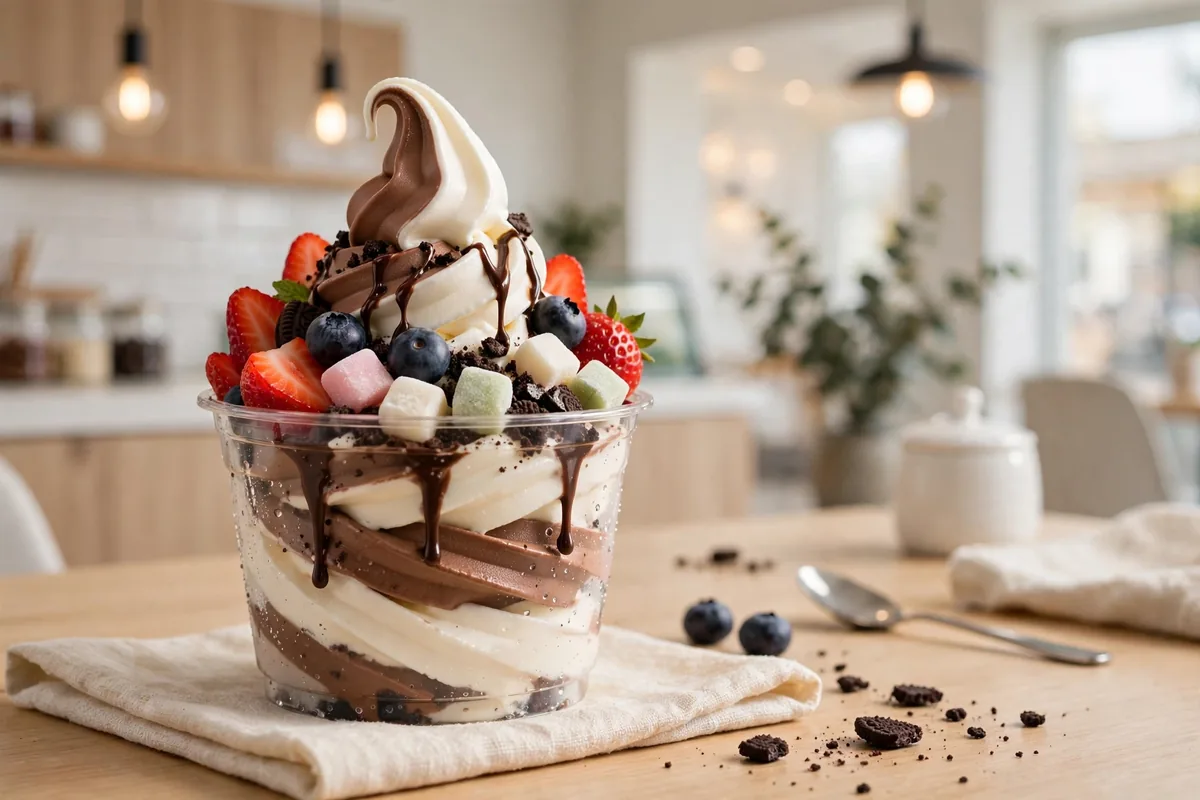 16 Handles menu prices: frozen yogurt cup with fresh fruit and cookie toppings