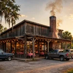 4 Rivers Smokehouse working hours: barbecue smokehouse storefront at golden hour