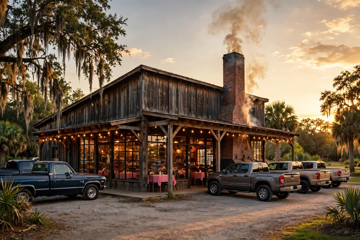 4 Rivers Smokehouse working hours: barbecue smokehouse storefront at golden hour