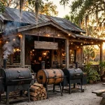 4 Rivers Smokehouse calories, BBQ smokehouse restaurant exterior at golden hour