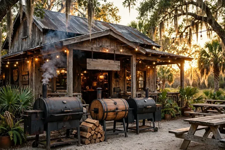 4 Rivers Smokehouse calories, BBQ smokehouse restaurant exterior at golden hour