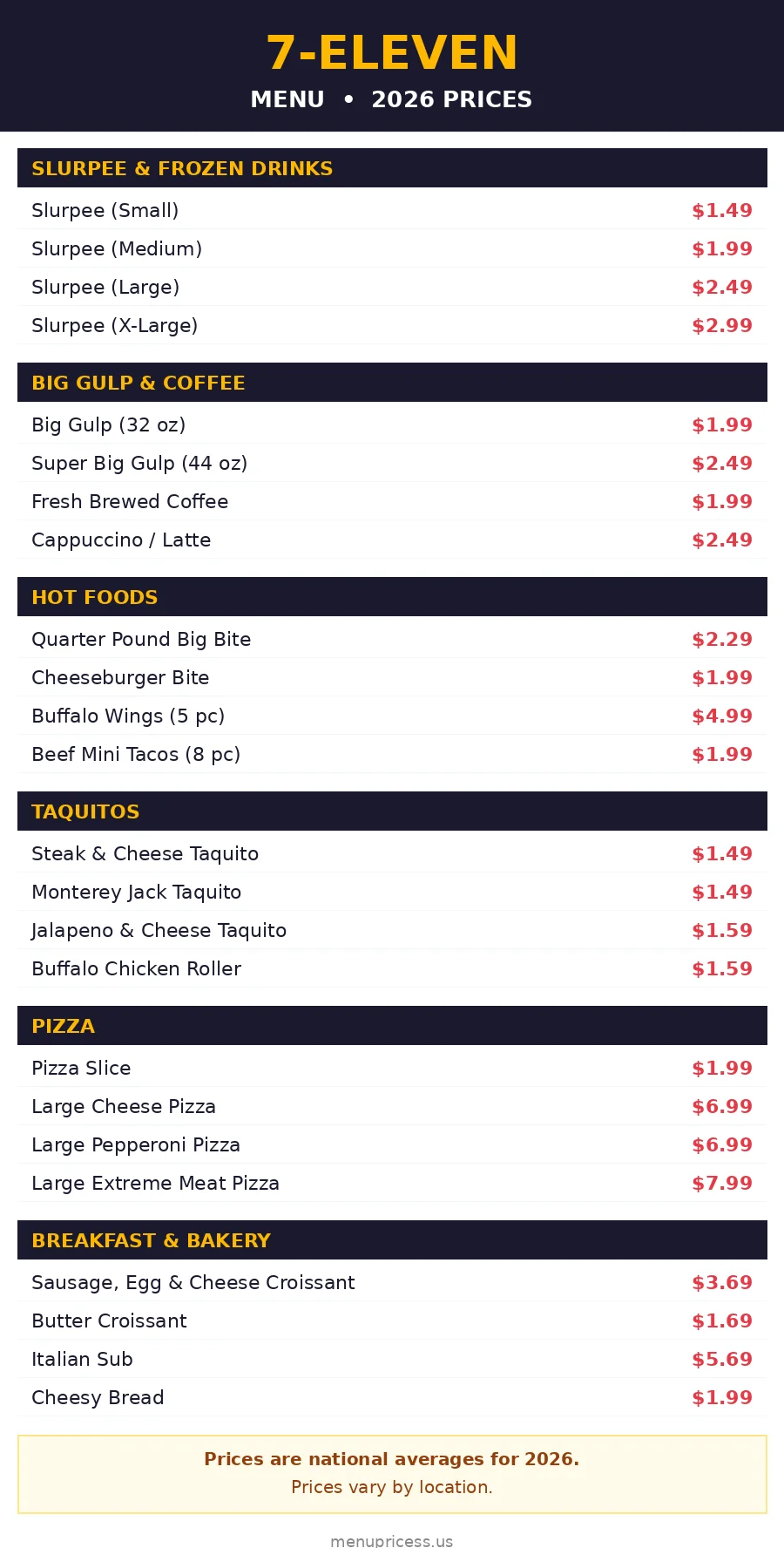7 eleven menu card with prices 2026 slurpee big gulp hot dogs taquitos pizza