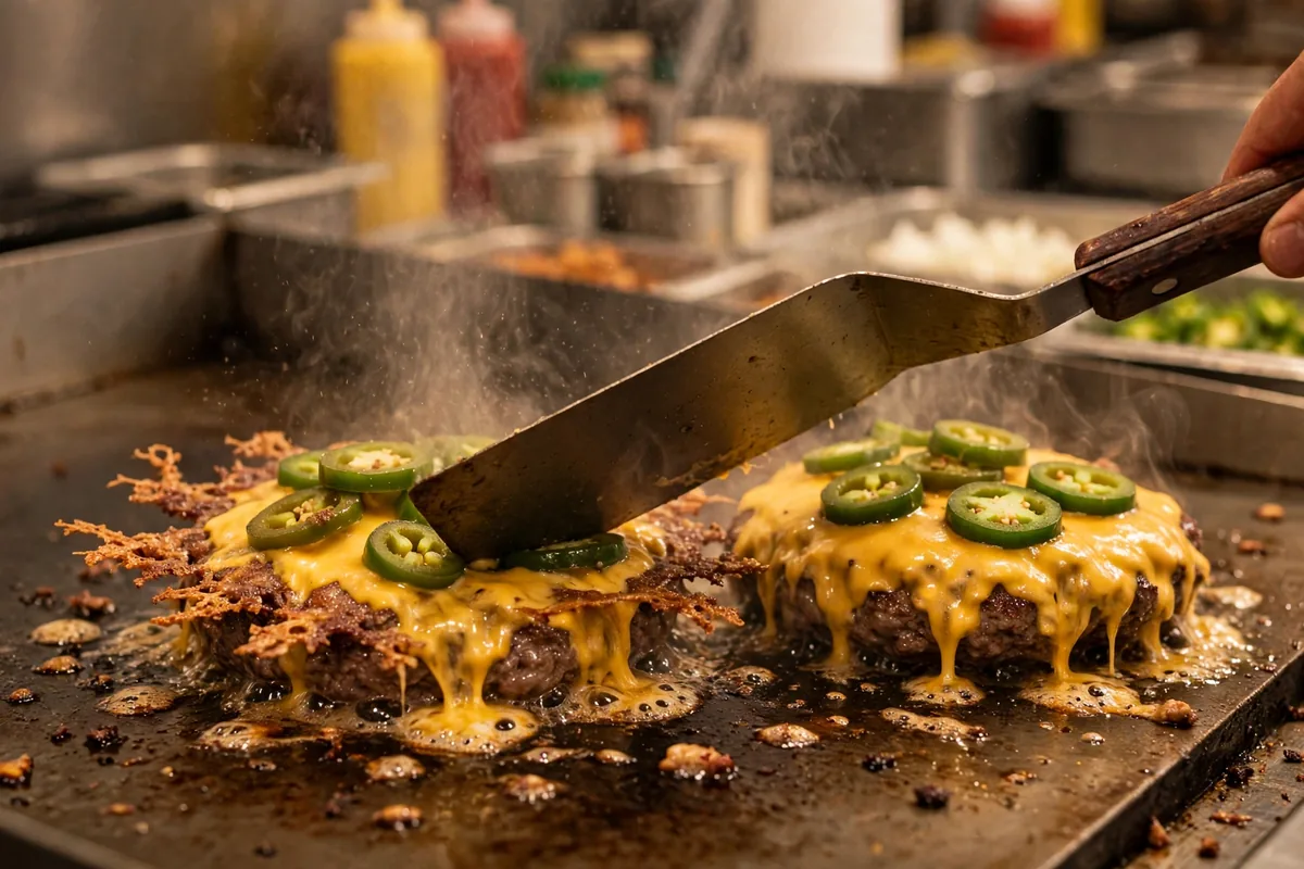7th street burger menu spicy jalapeno smashburgers with melted cheese sizzling on the griddle