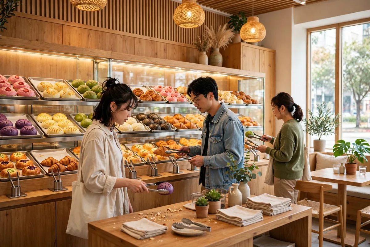 Inside an 85C Bakery Cafe: self-serve pastry display wall with fresh buns and breads