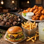 99 restaurants menu prices 2026 sirloin tips buffalo wings cheeseburger and fries pub spread