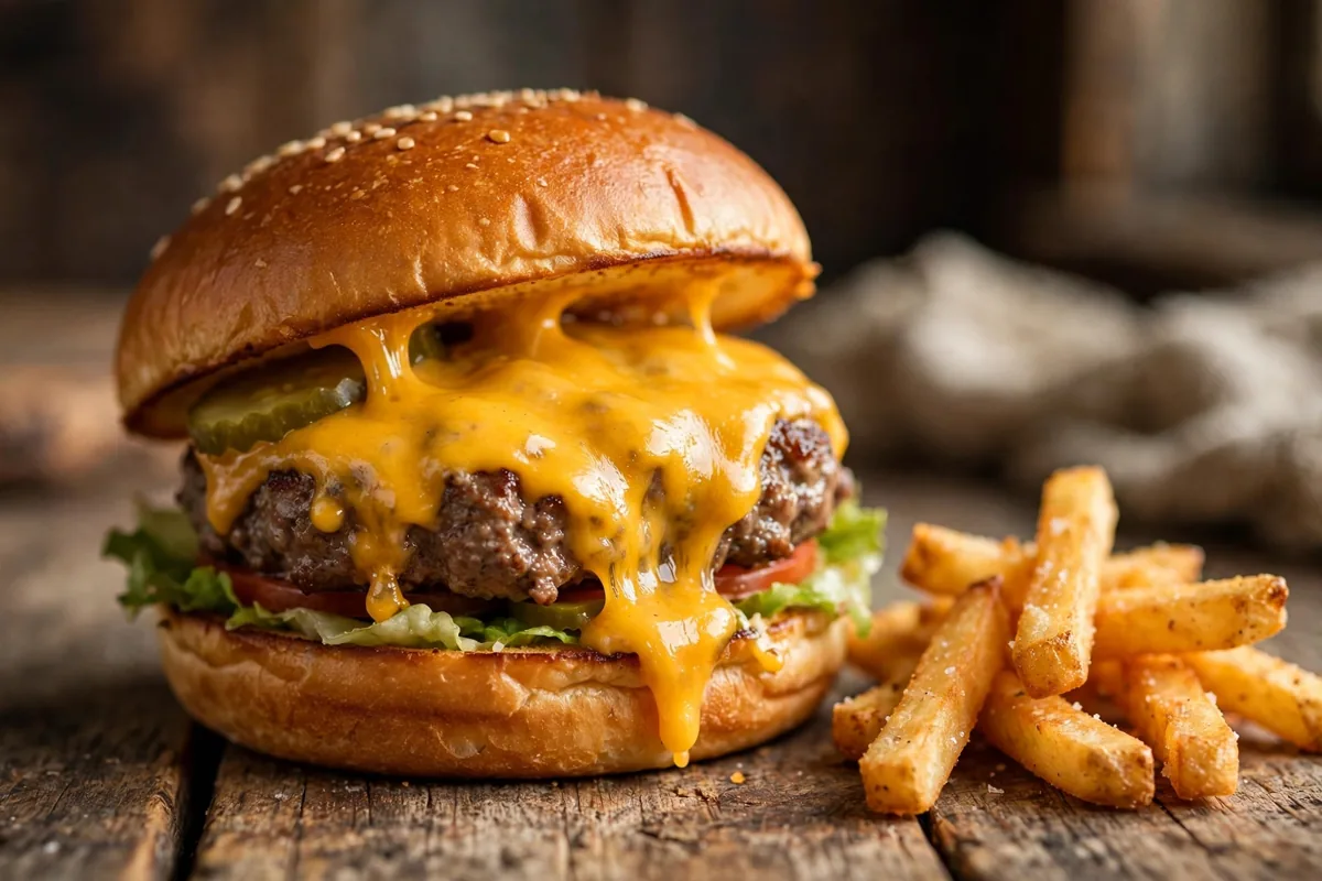 99 restaurants menu prices 2026 Vermont cheddar burger with fries at a pub table