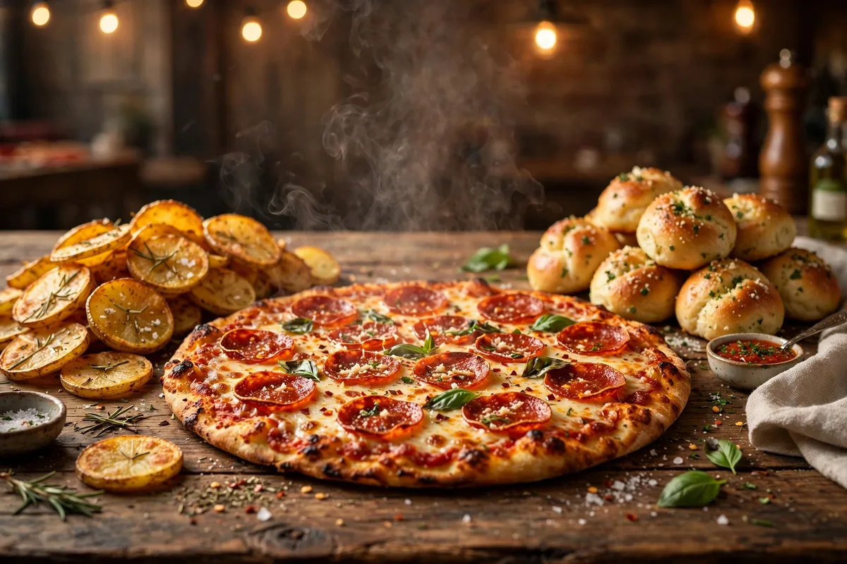 Abby's Legendary Pizza menu prices 2026 thin crust pepperoni pizza with spuds.