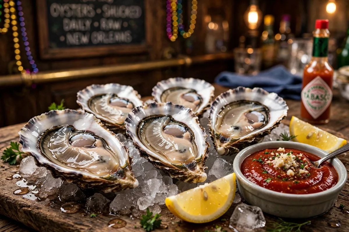 Fresh raw oysters on the half shell with lemon at Acme Oyster House menu