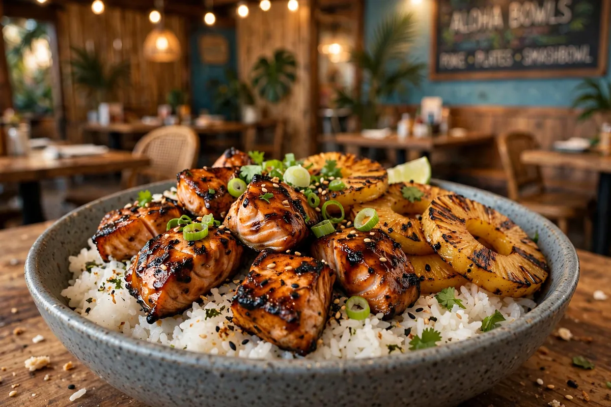 Ahipoki Bowl grilled salmon bowl menu prices 2026 teriyaki salmon over rice