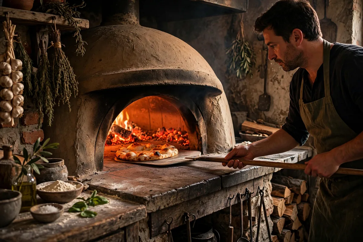 American Flatbread wood-fired clay oven baking a flatbread, menu prices 2026