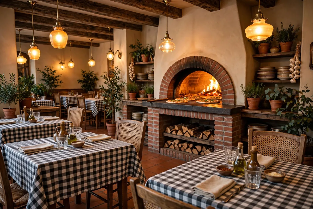 Amici's East Coast Pizzeria restaurant interior with brick pizza oven and dining room