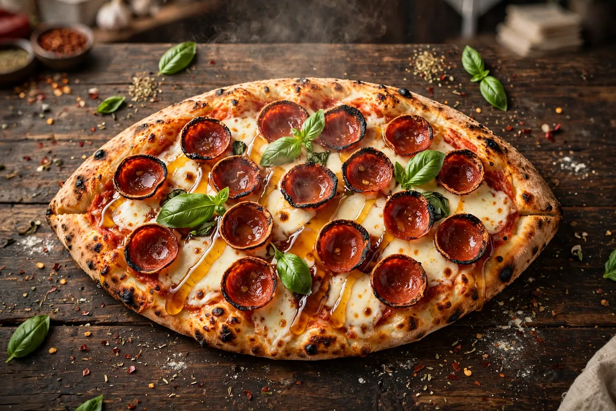 and pizza menu prices 2026 oblong wood-fired pepperoni pizza with hot honey