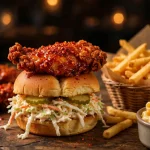 Angry Chickz menu calories, Nashville hot chicken tenders, sliders, crinkle fries, coleslaw and mac and cheese on a red tray