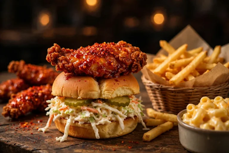 Angry Chickz menu calories, Nashville hot chicken tenders, sliders, crinkle fries, coleslaw and mac and cheese on a red tray