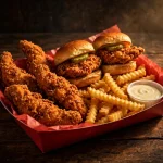 Angry Chickz menu deals: Nashville hot chicken tenders and sliders on a tray