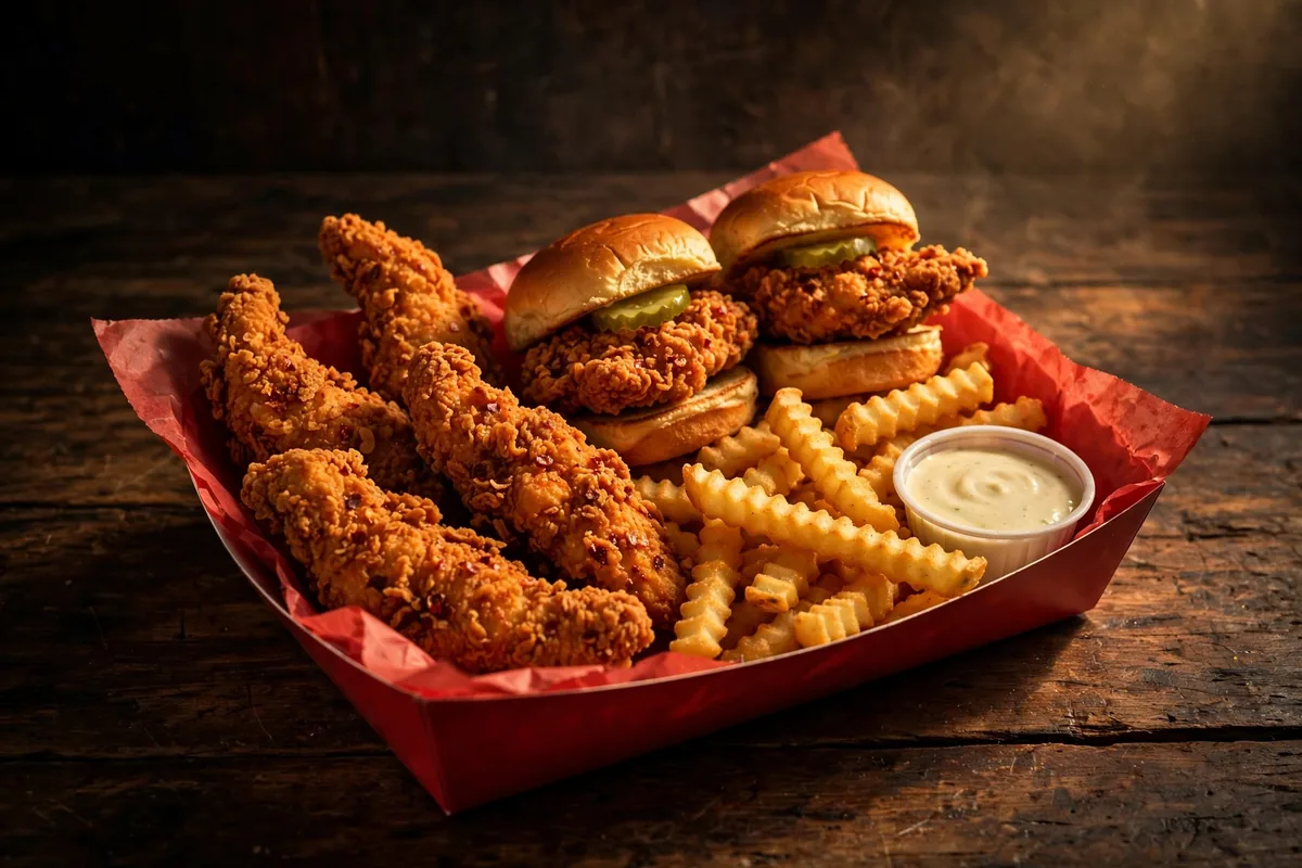 Angry Chickz menu deals: Nashville hot chicken tenders and sliders on a tray