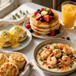Another Broken Egg Cafe secret menu guide: eggs benedict, pancakes, shrimp and grits brunch spread
