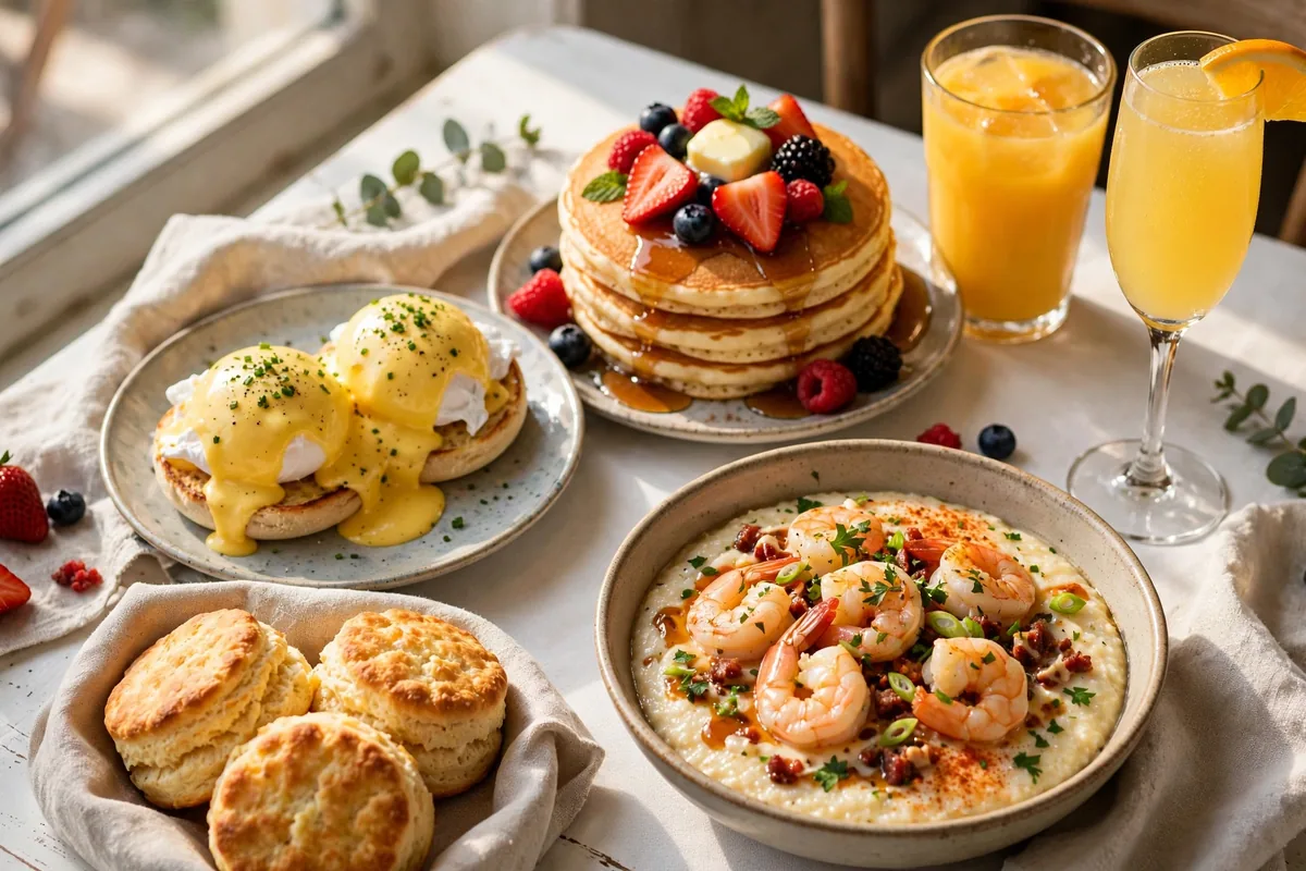 Another Broken Egg Cafe secret menu guide: eggs benedict, pancakes, shrimp and grits brunch spread