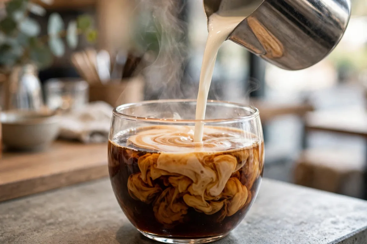Argo Tea teapuccino with steamed milk being poured, Argo Tea menu prices