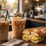 Aroma Joe's menu prices - iced latte and caramel macchiato with bagel and donut