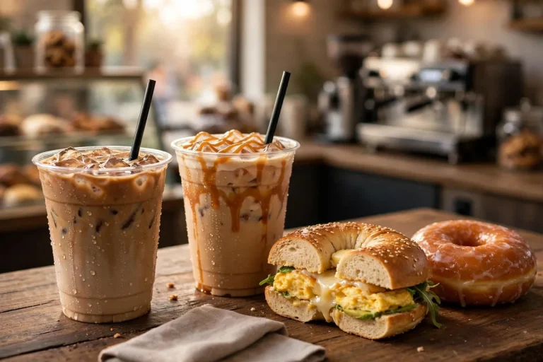 Aroma Joe's menu prices - iced latte and caramel macchiato with bagel and donut