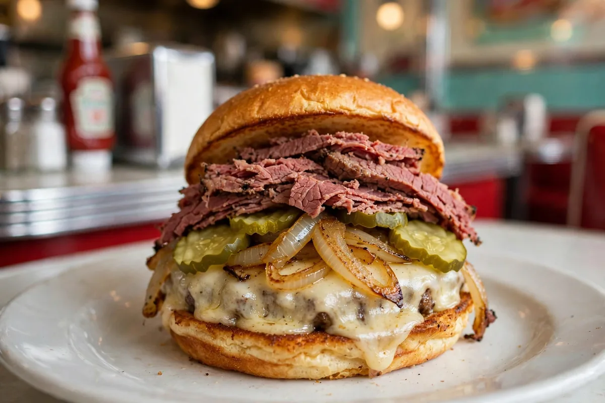 Astro Burgers menu prices 2026 pastrami cheeseburger close-up with melted Swiss cheese