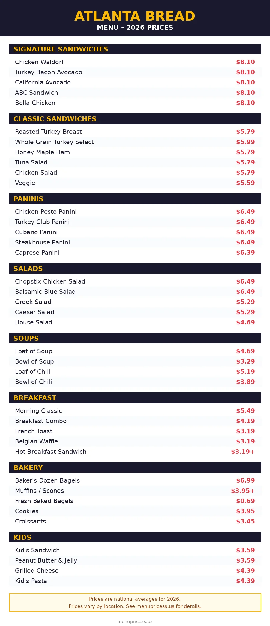 Atlanta Bread Company menu card with prices 2026