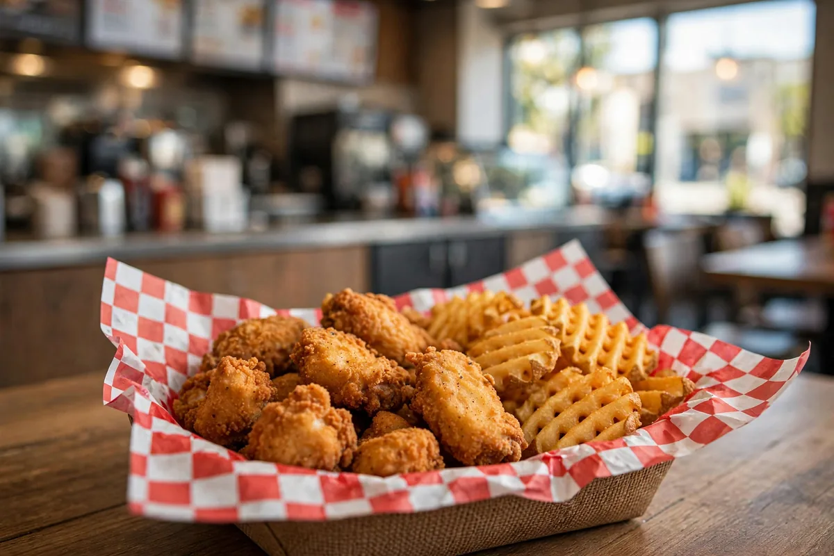 Atomic Wings interior with crispy boneless wings and waffle fries basket