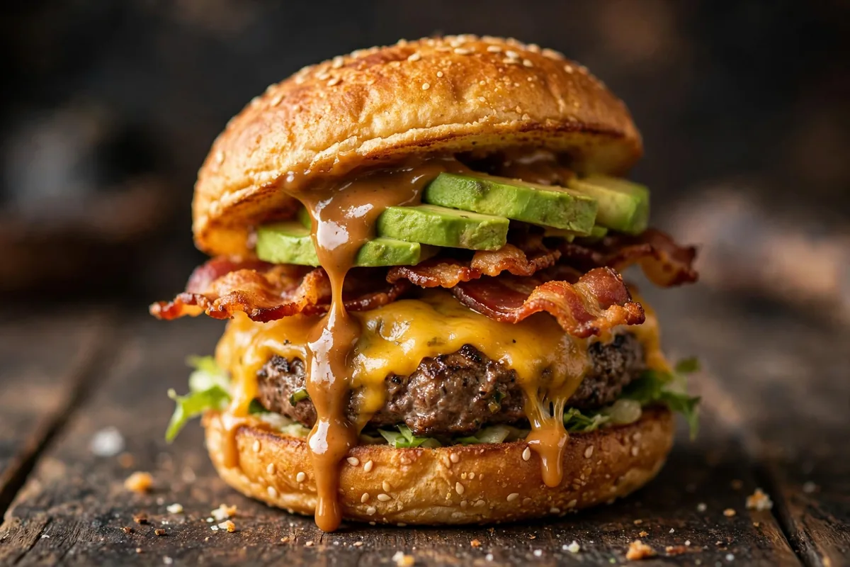 B.Good menu avocado bacon craft burger close-up with dripping sauce
