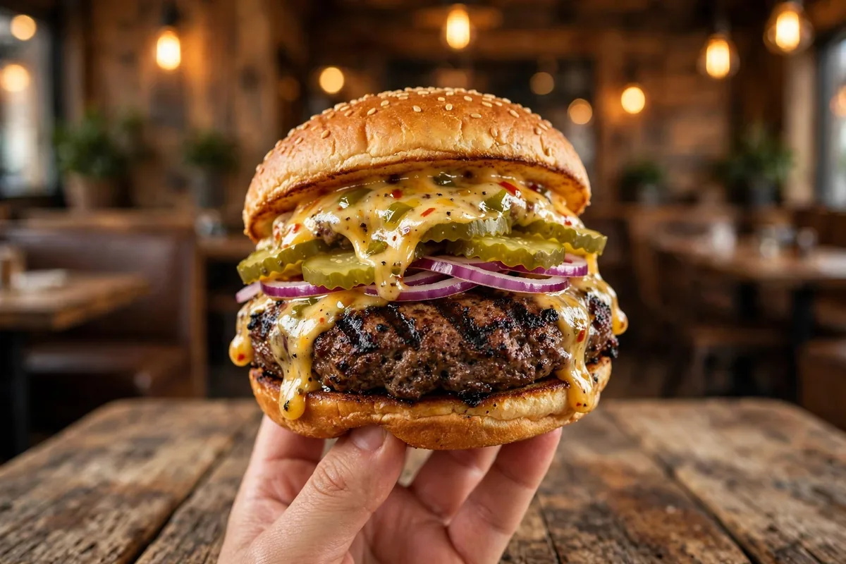 Back Yard Burgers flame grilled Black Angus burger close up with pickles and cheese