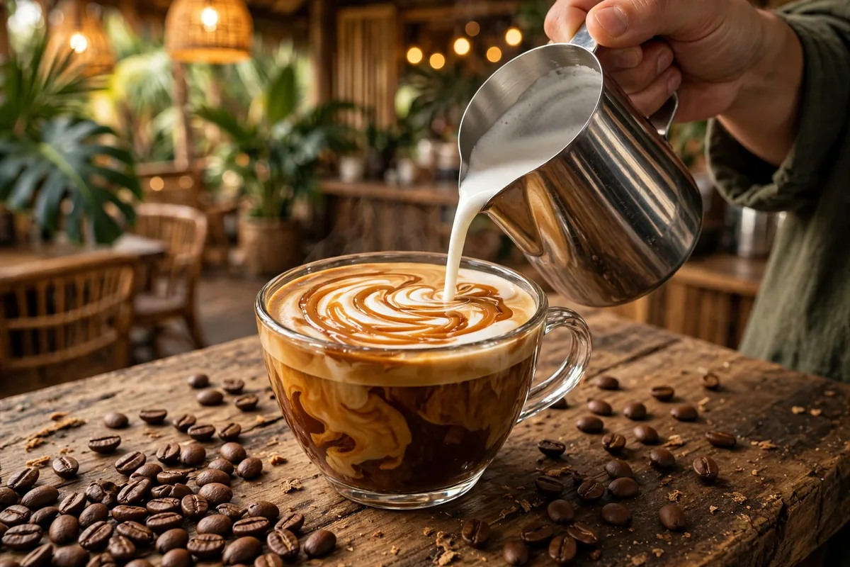 Bad ass coffee menu 2026 latte art pour at Hawaiian coffee shop