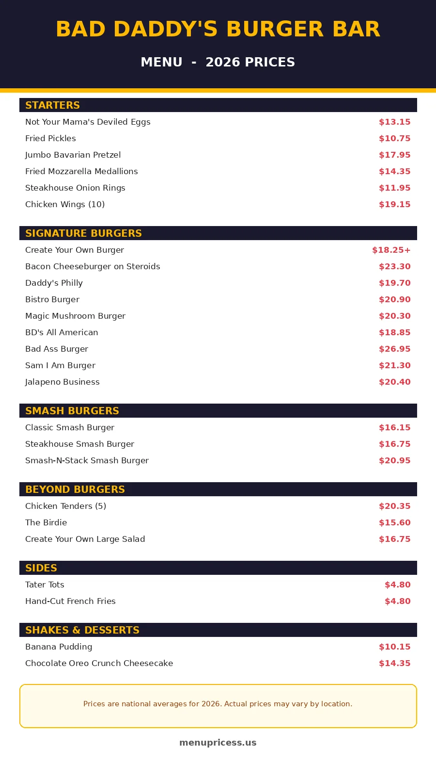 bad daddys burger menu prices 2026 menu card with burgers starters and sides