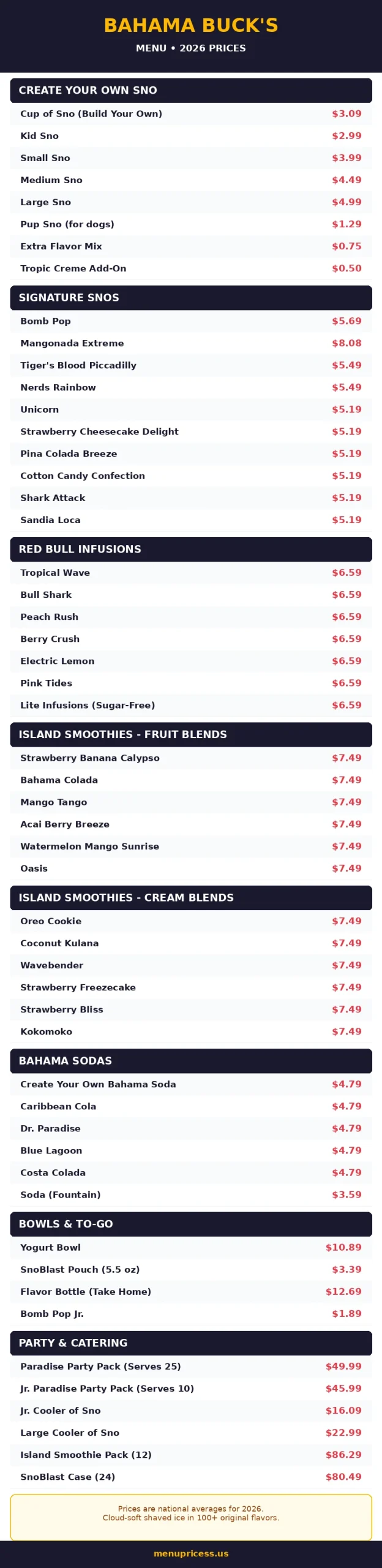 Bahama Buck's menu card with 2026 prices