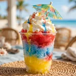 Colorful Bahama Buck's secret menu shaved ice sno cup with rainbow flavors, whipped cream and a tropical umbrella