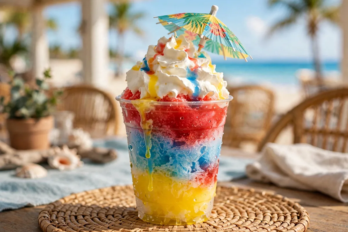 Colorful Bahama Buck's secret menu shaved ice sno cup with rainbow flavors, whipped cream and a tropical umbrella