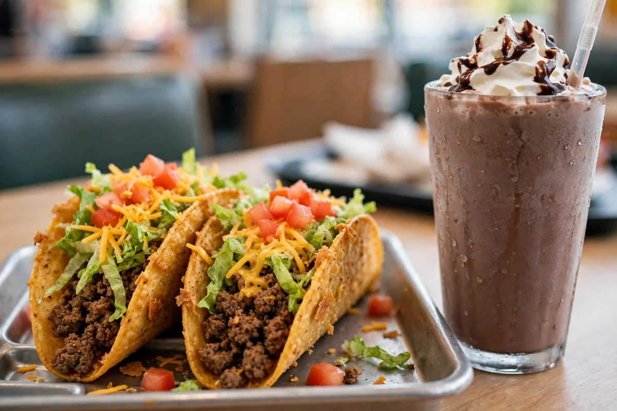 Baker's Drive-Thru tacos and chocolate milkshake, bakers drive thru menu prices