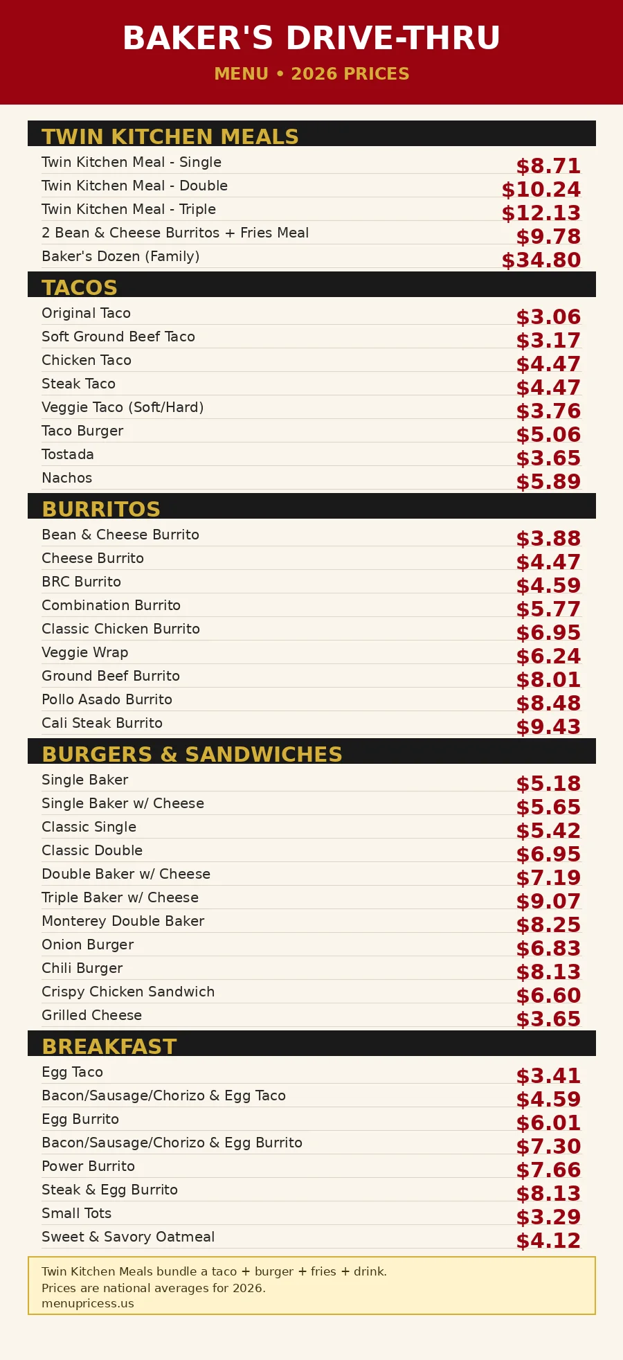 Baker's Drive-Thru menu card with prices 2026