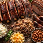Baker's Ribs menu prices 2026 BBQ spread with St. Louis-cut ribs, brisket, sausage and sides
