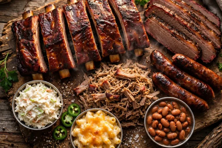 Baker's Ribs menu prices 2026 BBQ spread with St. Louis-cut ribs, brisket, sausage and sides
