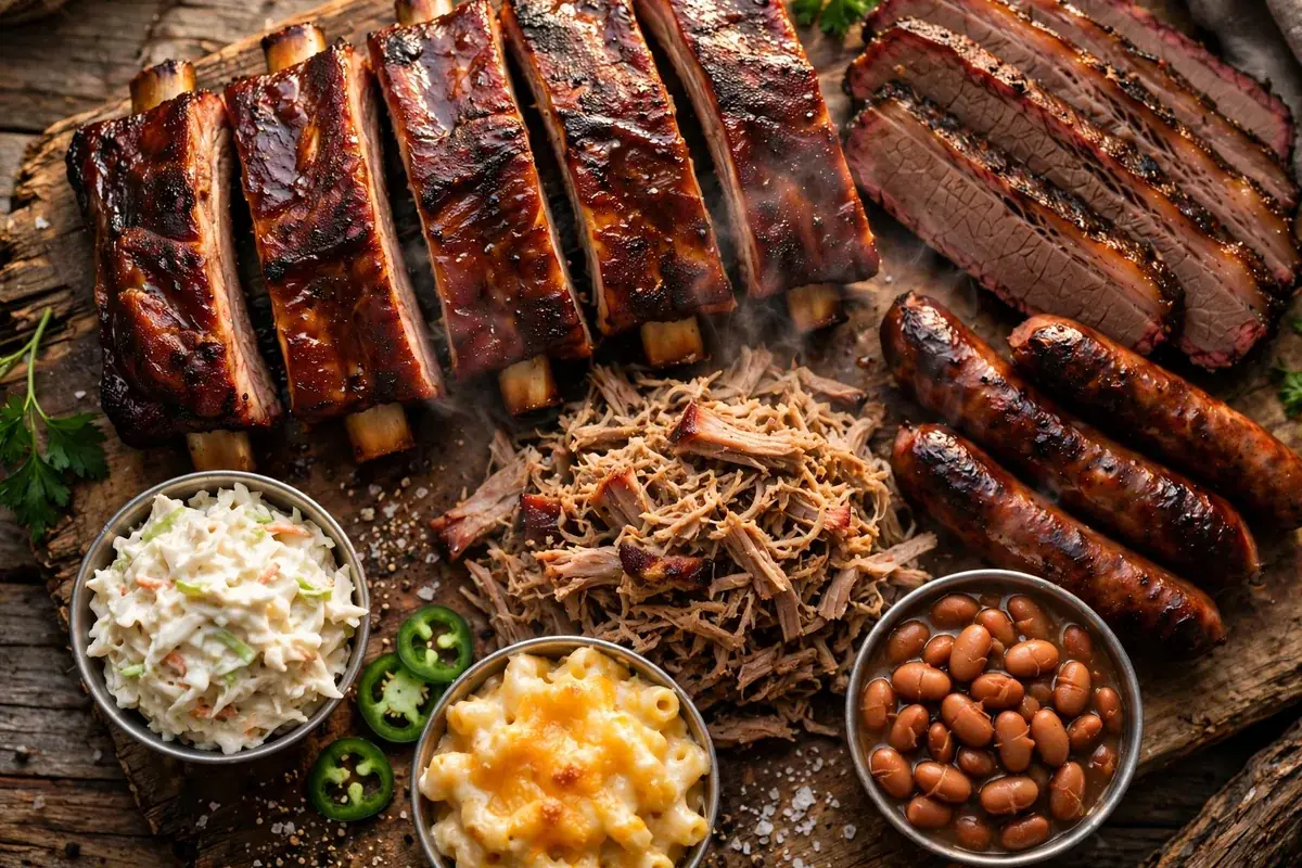 Baker's Ribs menu prices 2026 BBQ spread with St. Louis-cut ribs, brisket, sausage and sides