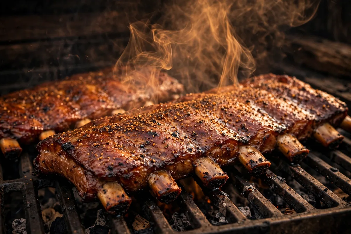 Baker's Ribs menu prices 2026 close-up of smoked St. Louis-cut ribs on a hickory grill