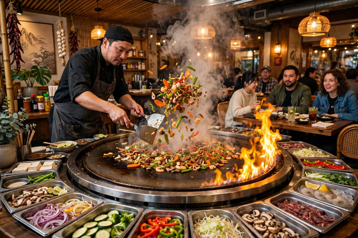 BD's Mongolian Grill flat-top grill chef cooking create your own stir-fry bowl