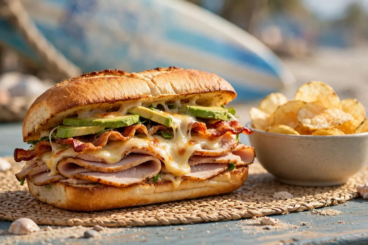 Beach Hut Deli Surfin Bird sandwich close-up menu prices 2026