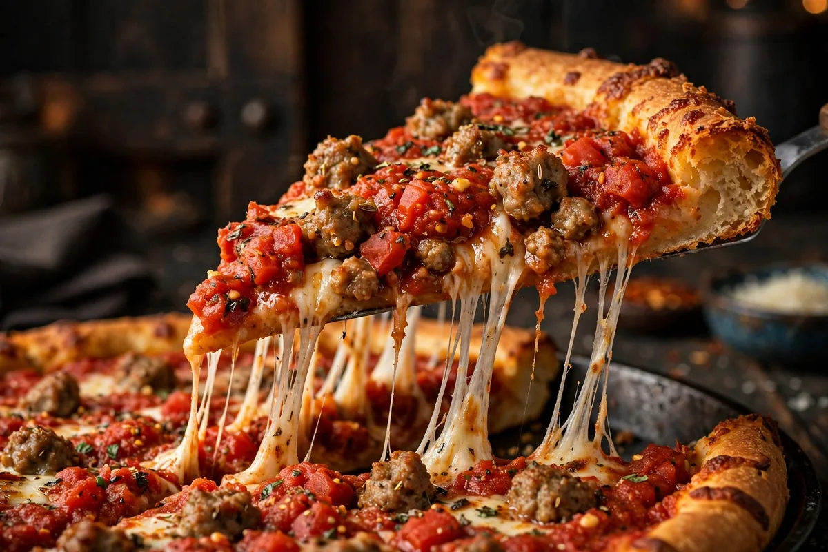 Beggars Pizza menu prices 2026 deep dish pizza slice with melted cheese