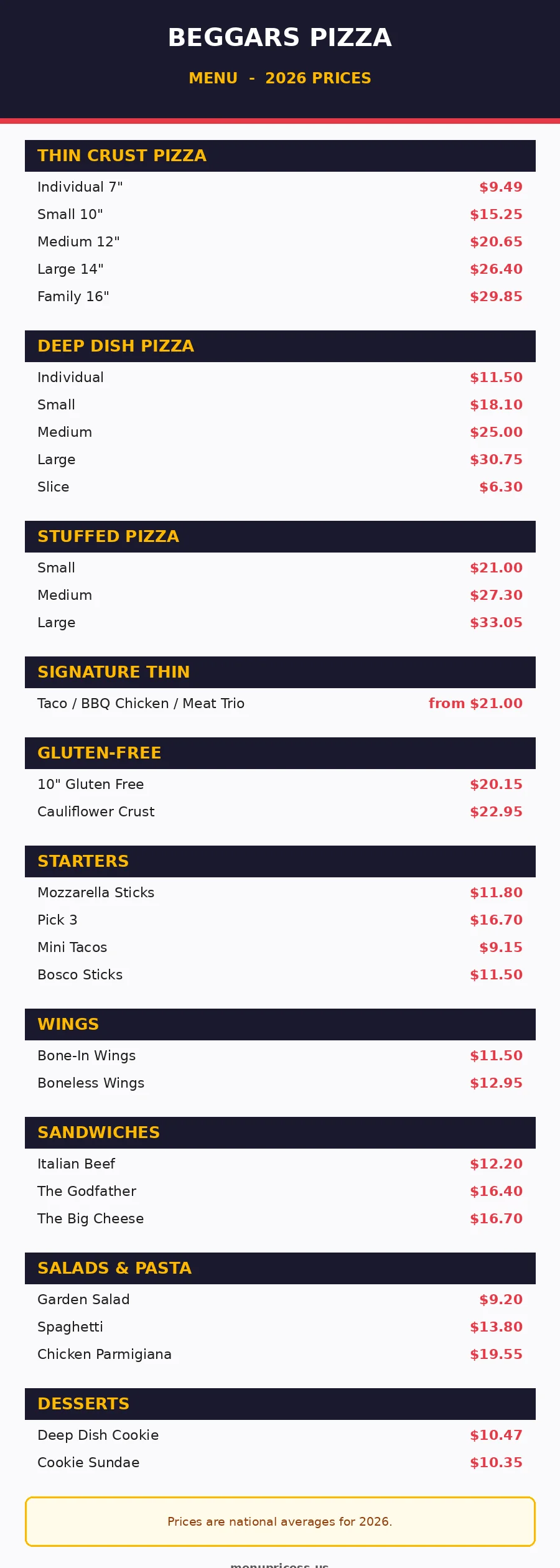Beggars Pizza menu prices 2026 menu card with thin crust deep dish and stuffed pizza prices
