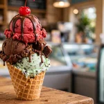 Ben and Jerry's menu prices 2026: triple scoop waffle cone with hot fudge