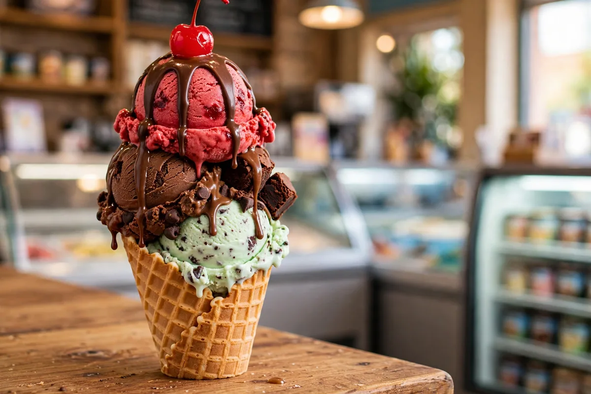 Ben and Jerry's menu prices 2026: triple scoop waffle cone with hot fudge